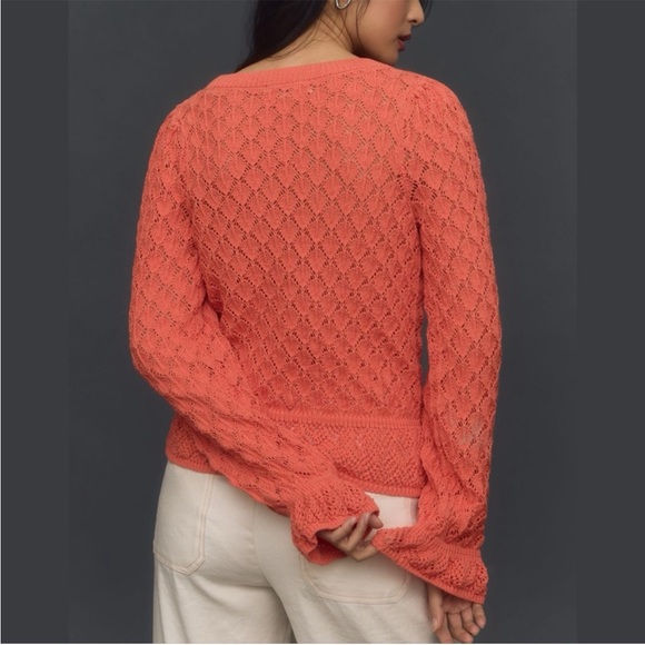 By Anthropologie Flounce-Hem Pointelle Sweater Pleated Sleeves Orange Size XL - Picture 5 of 13